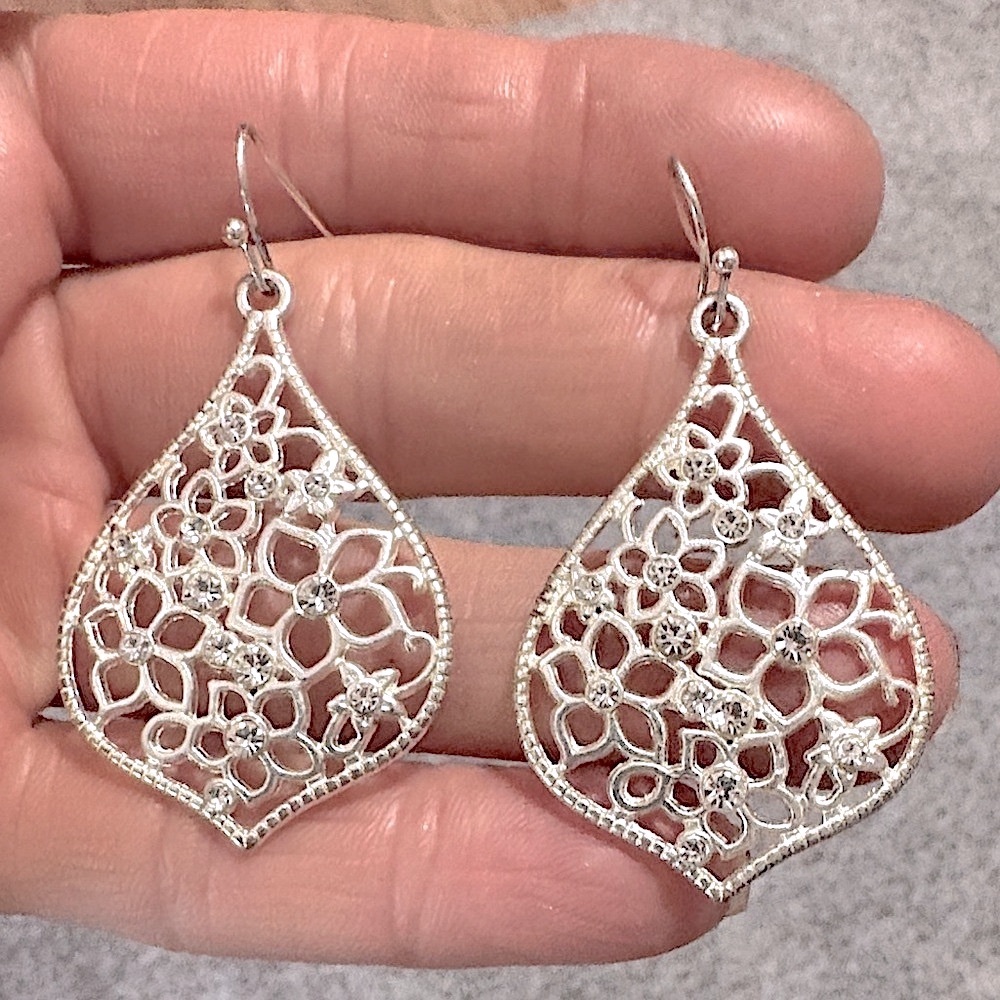 VINTAGE RHINESTONE FLORAL SILVER-TONE DROP HOOK 2" EARRINGS